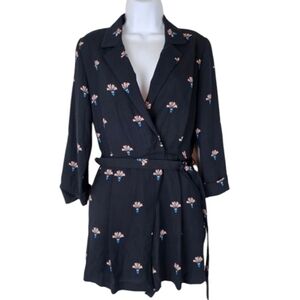 NWT Topshop Black Long Sleeve Belted Faux Wrap Romper Casual Pleated Size 4
